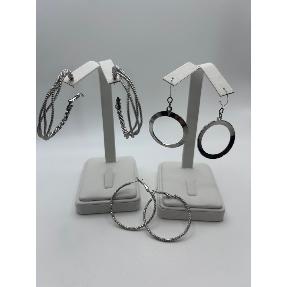 Set of 3 Silver Tone Hoop Earrings Multi Strand Textured and Flat Drop Bundle